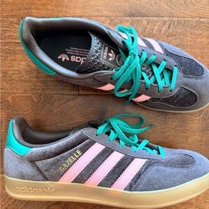 Adidas Gazelle Sneakers in Gray and Pink with Teal Accents